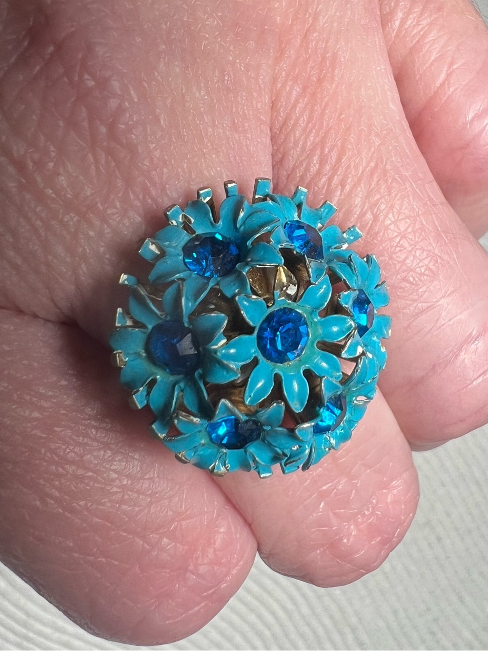 Vintage Adjustable Blue Enamel Flower Rhinestone Cocktail Ring | Gold Tone